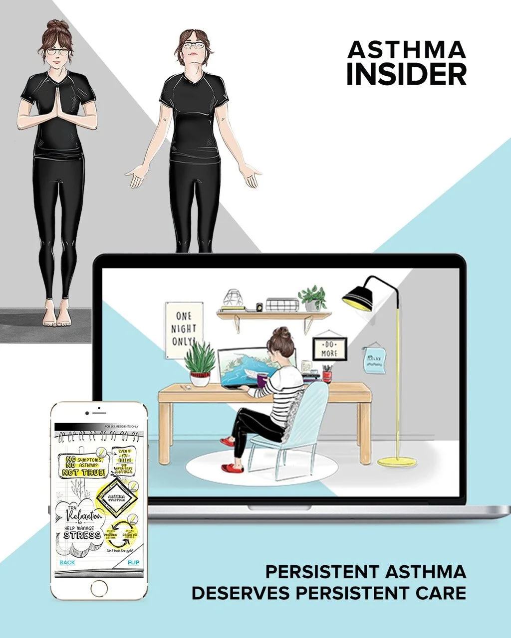 Asthma Insider campaign — illustrated yoga poses, a laptop scene, and a mobile relaxation tool