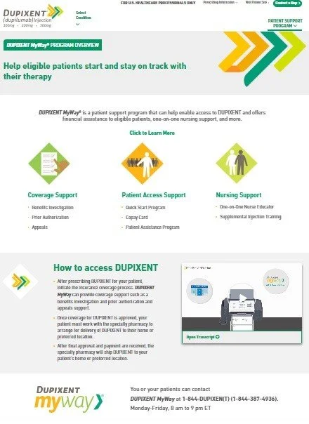 Dupixent MyWay patient support program webpage, scrolling preview