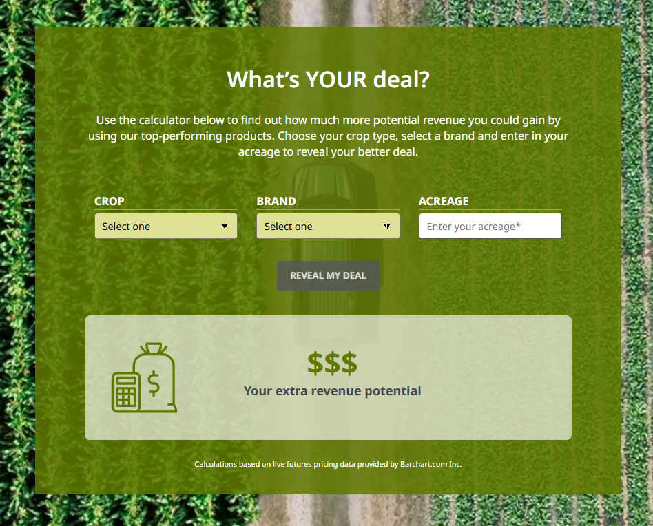 Better Yield, Better Deal revenue calculator with crop, brand, and acreage inputs